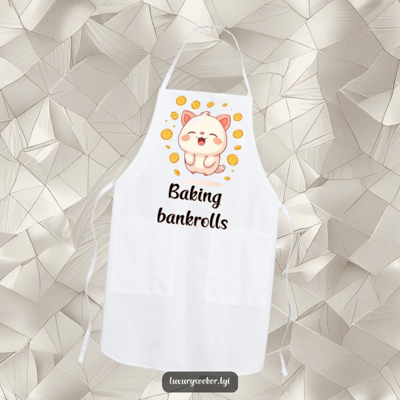 Funny apron showcasing a happy creature sighing contentedly, surrounded by floating golden coins, ideal for humorous and prosperous cooking.