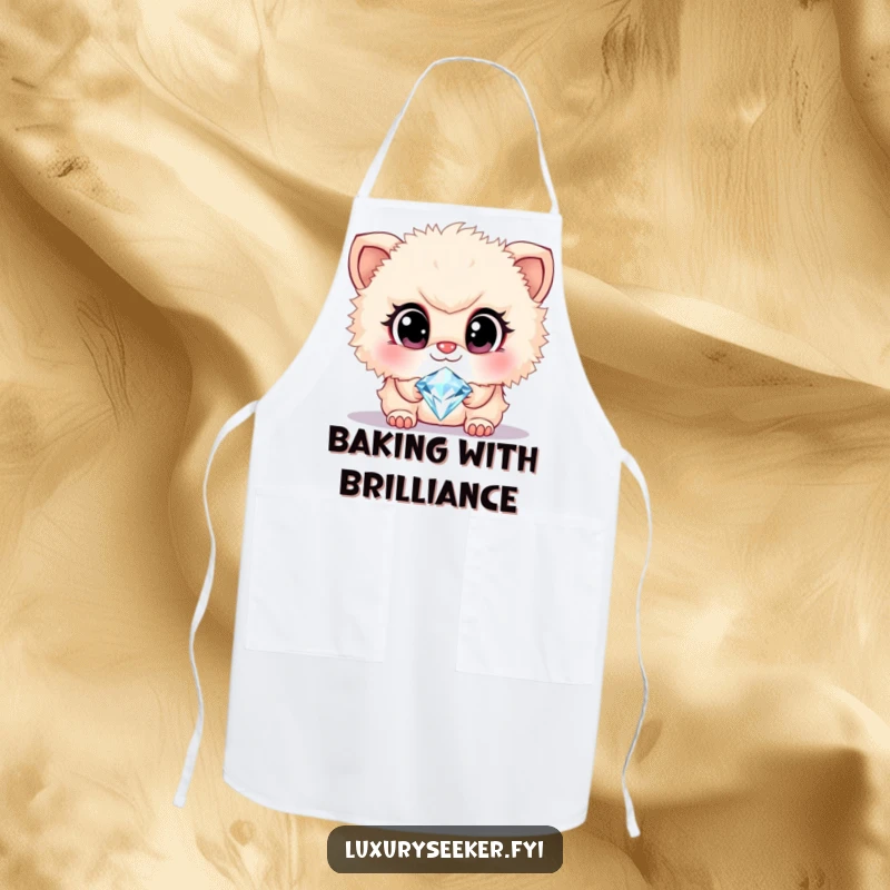 Funny apron showing a cute, fluffy creature with large, admiring eyes gazing at a sparkling diamond necklace, perfect for a stylish kitchen.