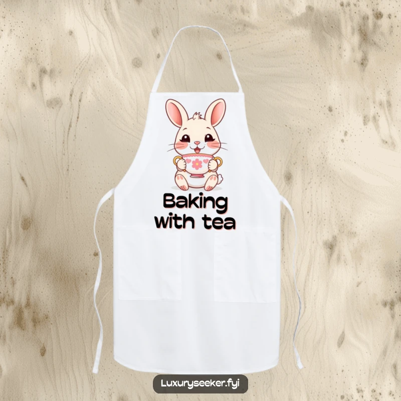 Funny Apron with a delighted rabbit character holding a tiny, ornate teacup, protecting clothes with refined kitchen humor.