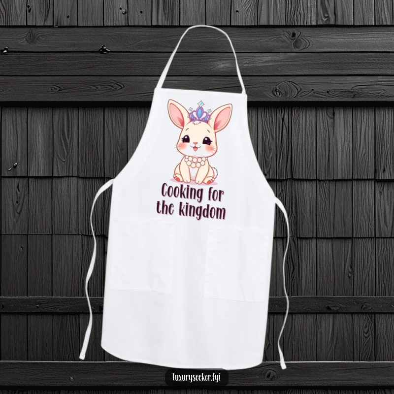 Funny apron depicting a happy bunny wearing a pearl necklace and a sparkling tiara, perfect for adding royal charm to cooking.