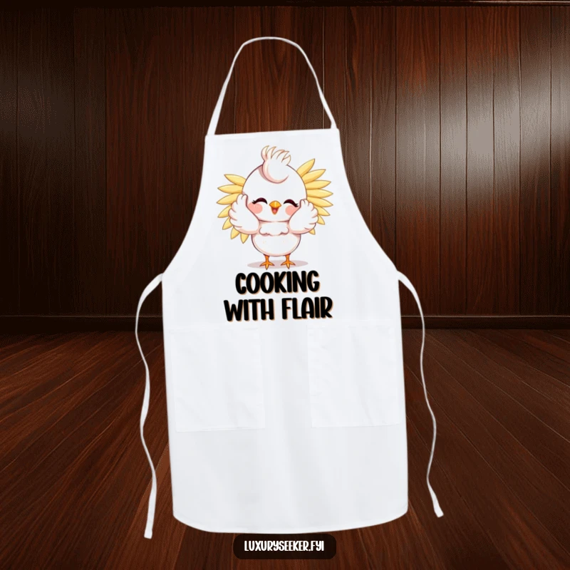 Funny Bird Apron: A happy bird preens with golden feathers, making this a humorous and practical addition to any kitchen.