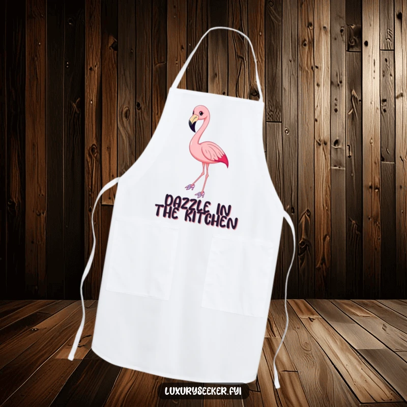 Funny Flamingo Apron depicting a smiling bird in elegant, sparkly shoes, adding humor and style to kitchen tasks.