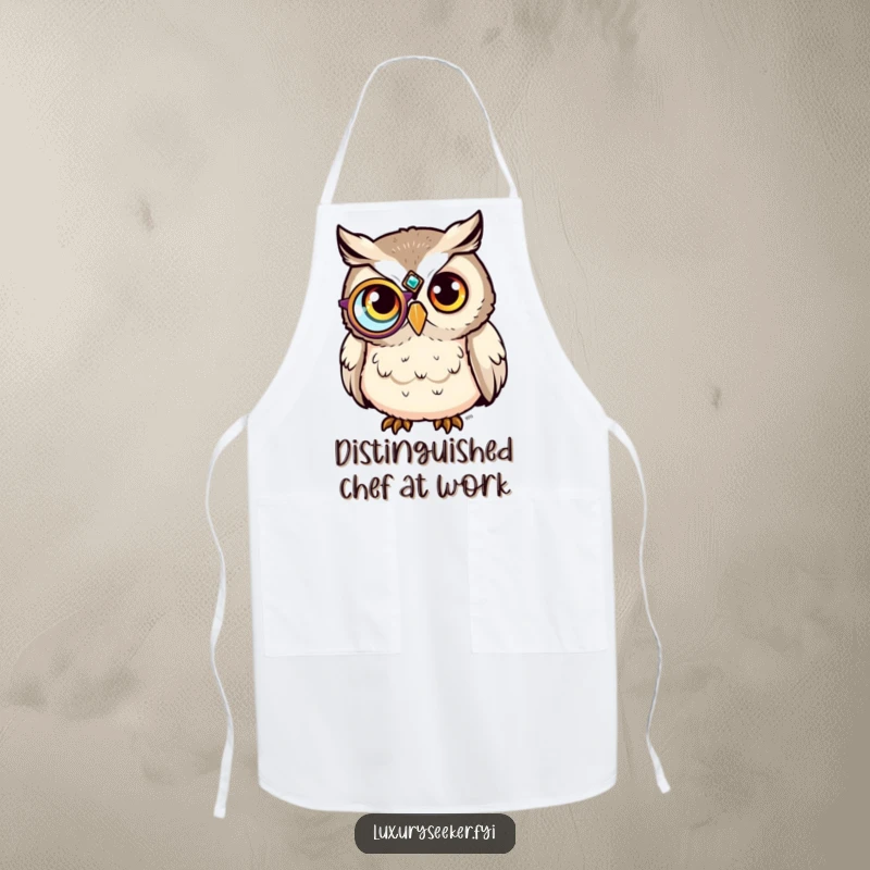 Funny Apron: A sophisticated owl with a jeweled monocle humorously oversees kitchen duties.
