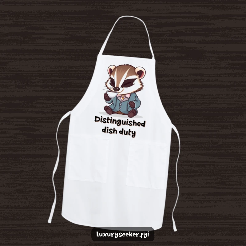 Funny apron with a badger in a silk smoking jacket, holding a teacup, ready to cook with dapper, humorous flair in the kitchen.