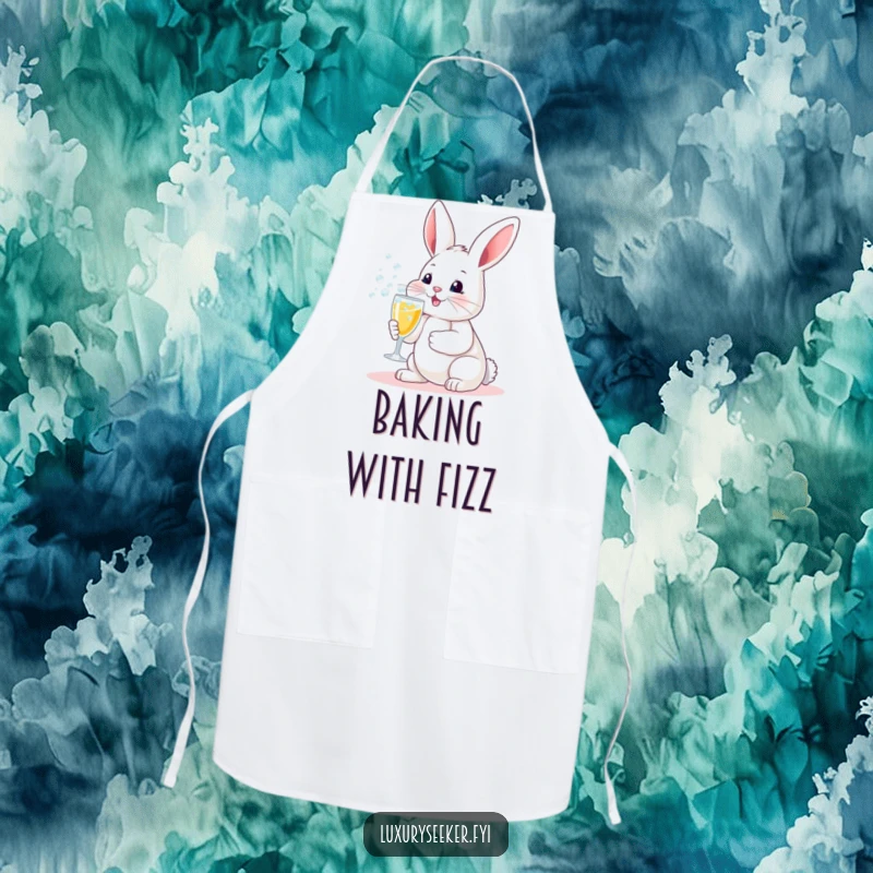 Funny apron: A cheerful bunny holding a miniature champagne flute with overflowing bubbles, great for festive cooking and hosting.
