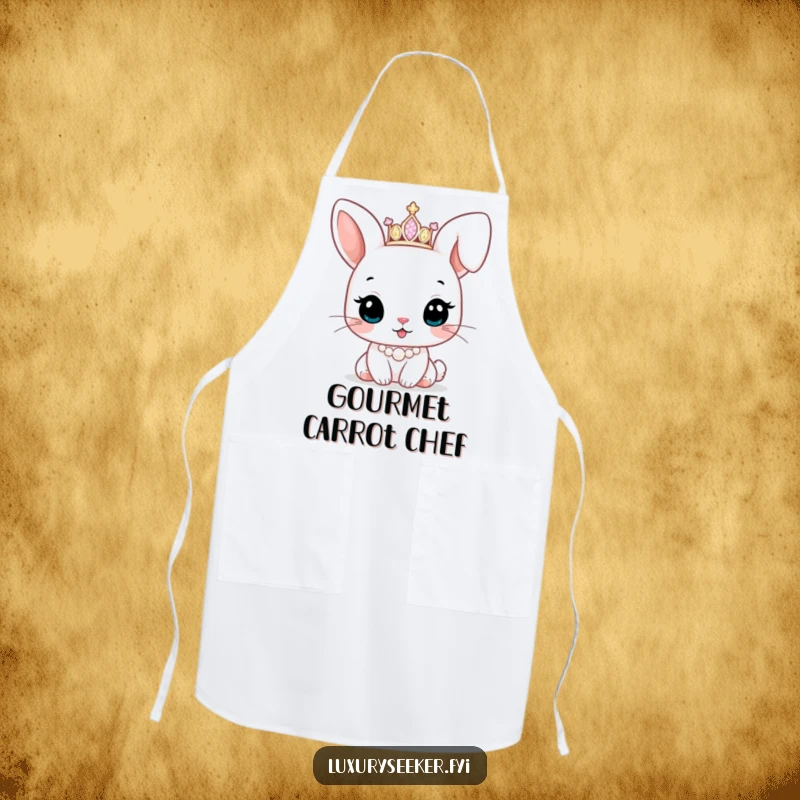 Funny apron showing a cute bunny character wearing a tiny sparkling tiara and pearl necklace, perfect for charming kitchen adventures.