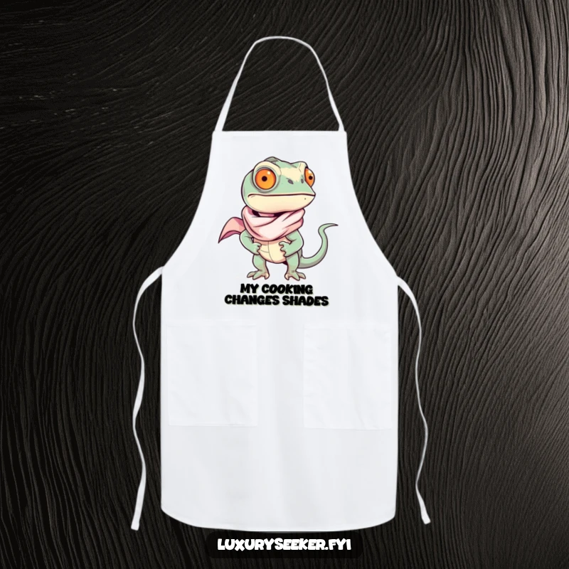 Funny chameleon wearing a chic silk scarf, looking confident in a kitchen apron, a stylish and funny gift.