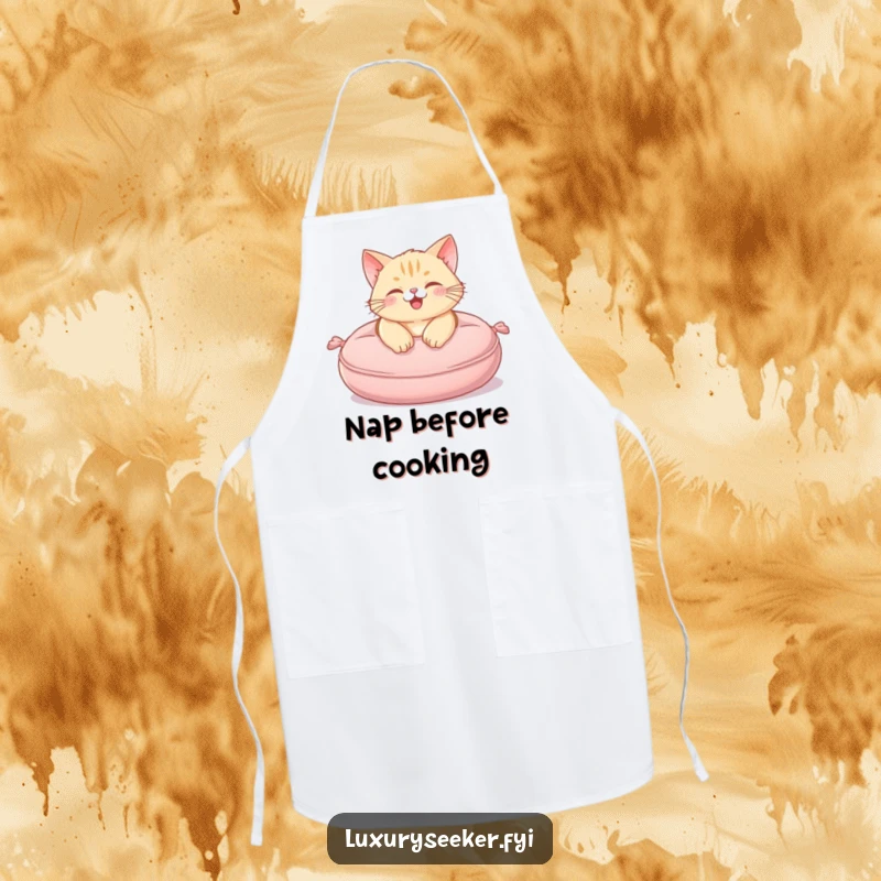 Funny Apron featuring a happy cat lounging on a plush, miniature velvet cushion, great for kitchen comfort.