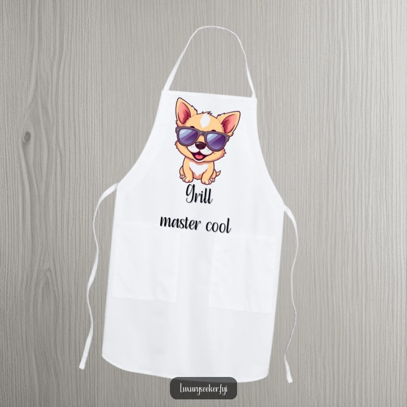 Funny dog apron showcasing a playful dog wearing small designer sunglasses, perfect for cooking and kitchen activities with a humorous touch.