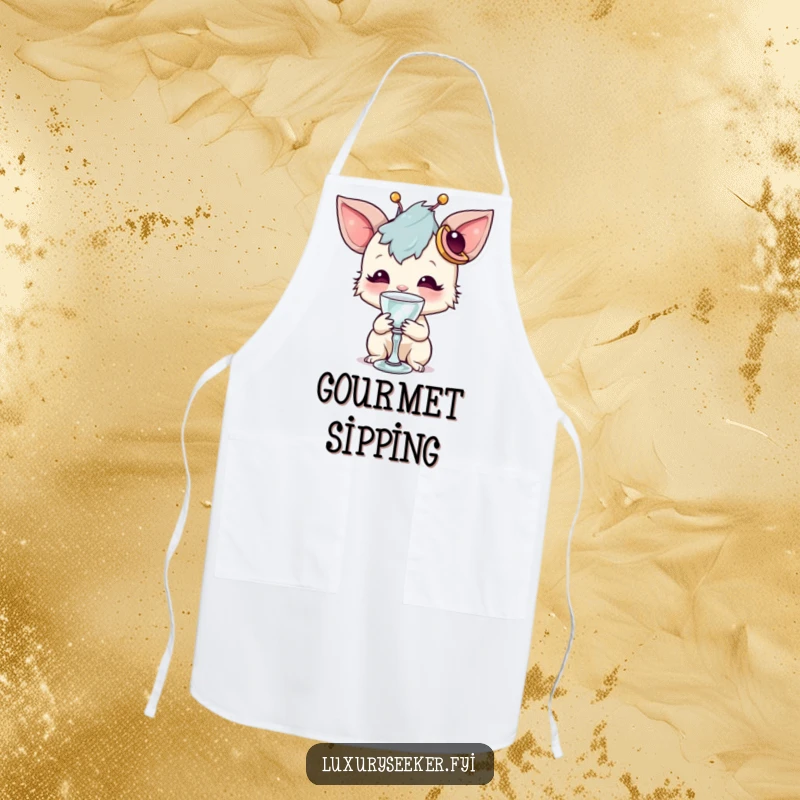 Funny apron showcasing a whimsical creature with a unique accessory sipping from a tiny crystal goblet, ideal for humorous and chic cooking.
