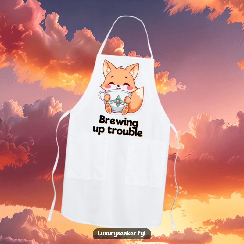 Funny apron showing a joyful fox character holding a fancy, jeweled teacup with a smile, perfect for elegant and cheerful kitchen tasks.