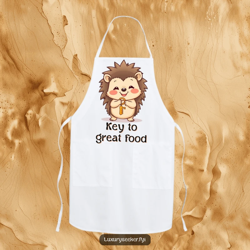 Funny smiling hedgehog holding a tiny golden key on a kitchen apron, adding charm to cooking, a sweet funny gift.