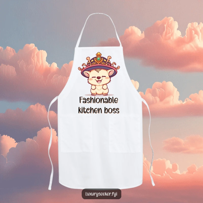 Funny apron design with a playful creature sporting a mischievous grin while wearing a ridiculously large, ornate hat, for cooking.