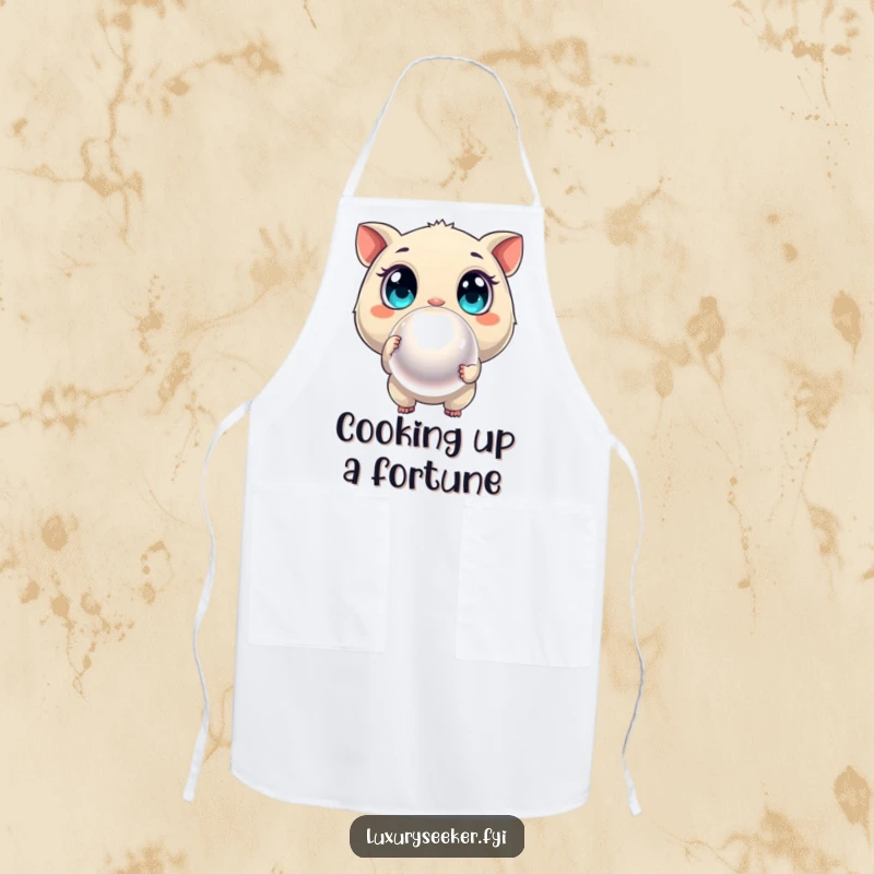 Funny apron showing a curious creature with wide eyes pointing at a large, shimmering pearl, ideal for adventurous cooks.