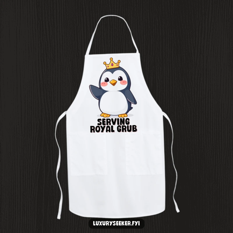 Funny Penguin Crown Apron: A practical apron featuring a happy penguin wearing a small glittering crown, perfect for humorous and regal cooking sessions.