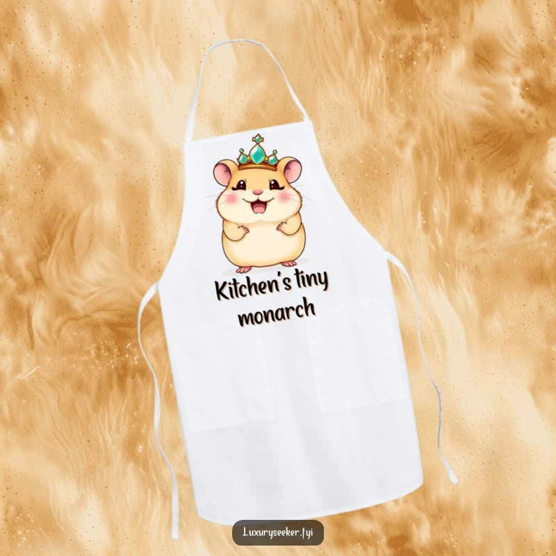 Funny apron: A giggling hamster in a jeweled crown strikes a regal pose, bringing cute royalty to cooking.