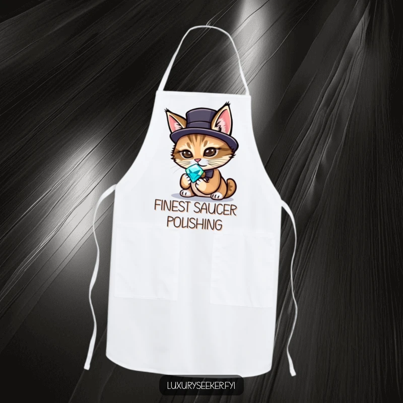 Funny apron featuring a sophisticated cat in a tiny top hat, examining a sparkling gemstone while preparing food.