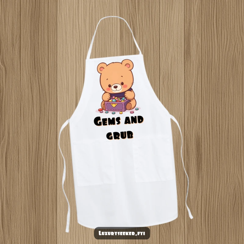 Funny Bear Apron showing a curious bear admiring a tiny, overflowing jewelry box filled with glittering gems, a stylish kitchen essential.