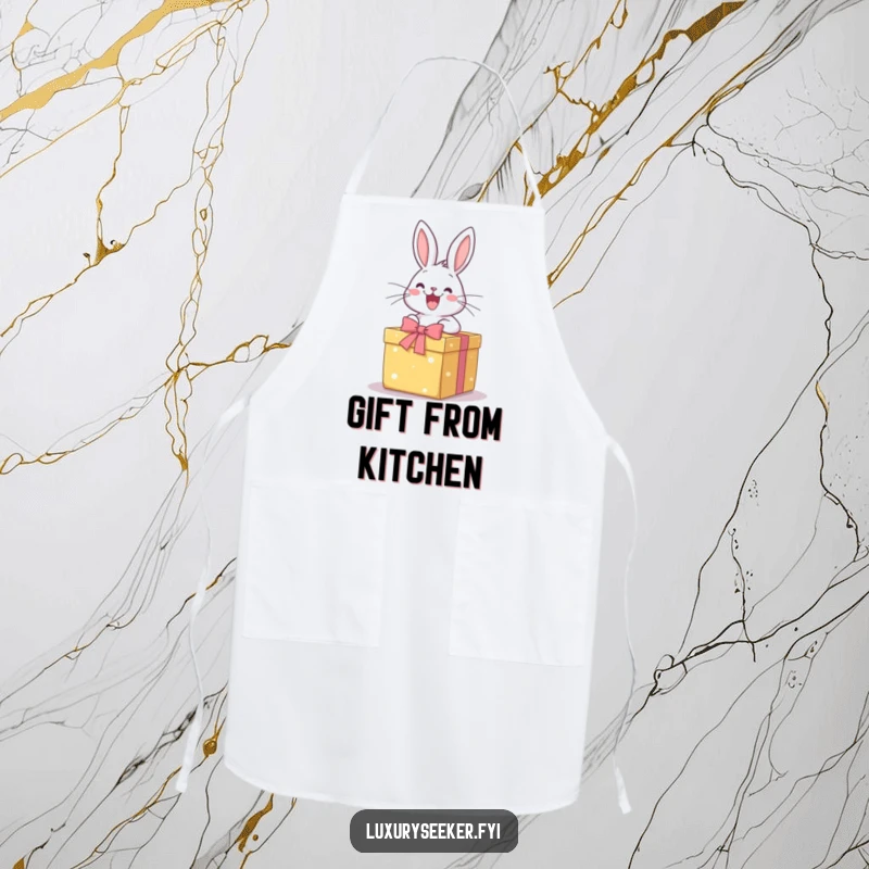 Funny Apron: A happy rabbit excitedly opens a perfectly wrapped gift box, perfect for adding joyful anticipation to cooking tasks.