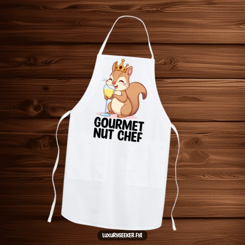 Funny Apron: A squirrel wearing a crown, sipping champagne, for humorous kitchen wear.