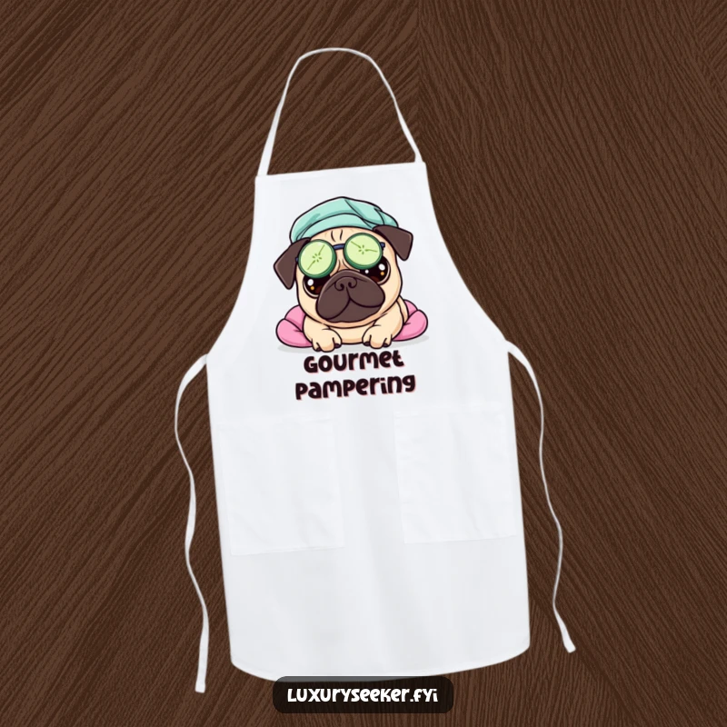 Funny apron featuring a pampered pug with cucumber slices on its eyes, unwinding during a humorous spa day.