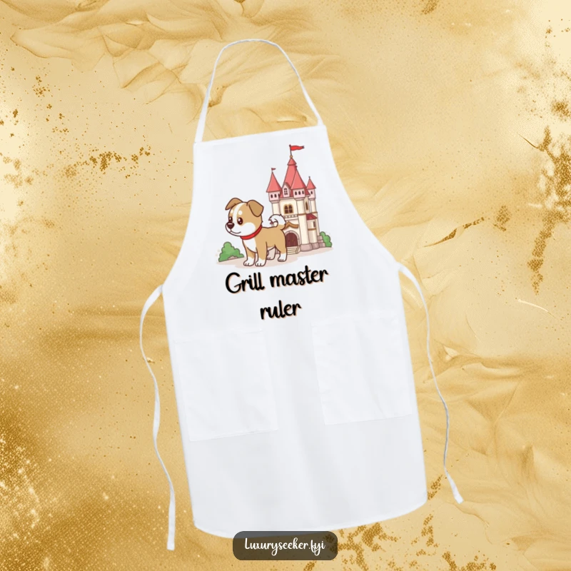 Funny determined dog beside a miniature castle on a kitchen apron, looking loyal, a funny gift.