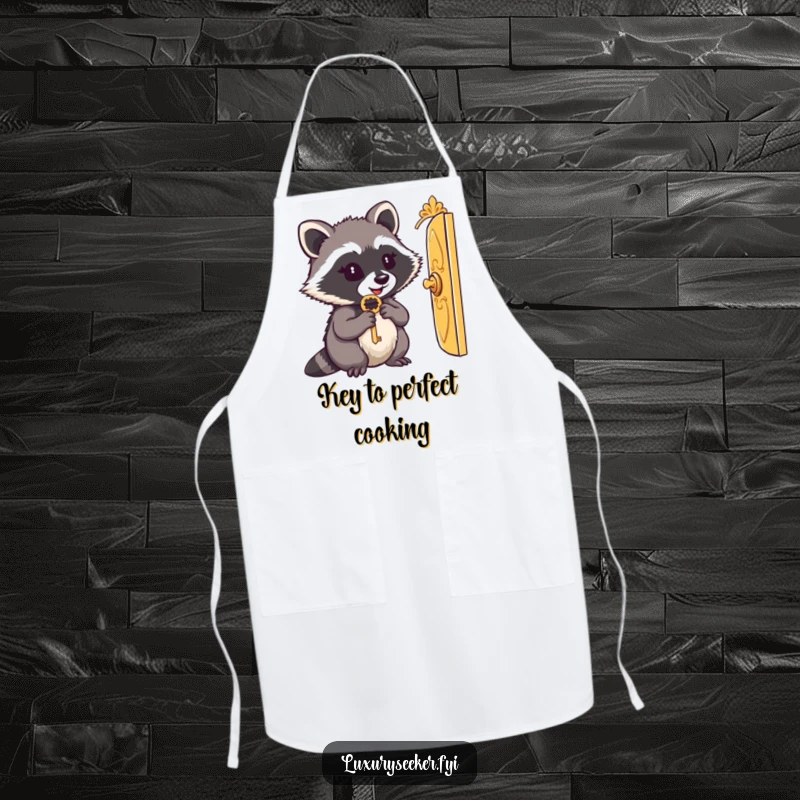 Funny apron: A content raccoon holds a key, peeking through a tiny golden door, bringing quirky charm to cooking.