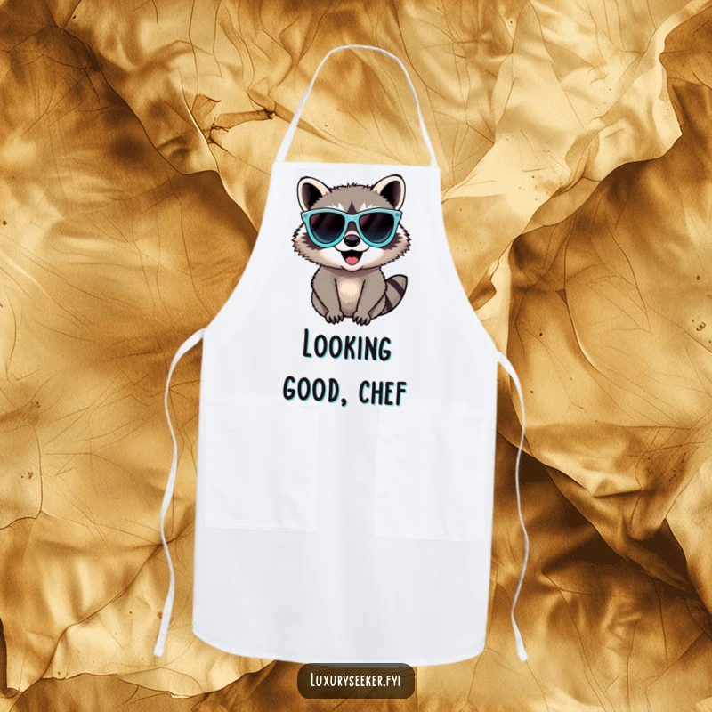 Funny Raccoon Apron showing a delighted raccoon wearing cool diamond sunglasses, ready to cook up a storm with a humorous flair.