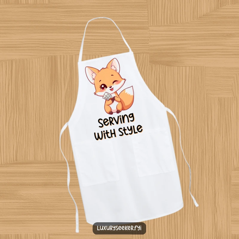 Funny apron featuring a happy fox holding a delicate fan, looking playfully over its shoulder while in the kitchen.