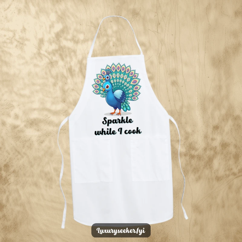 Funny Peacock Apron with a proud bird fanning its tail feathers covered in tiny gems, adding humor to kitchen duties.
