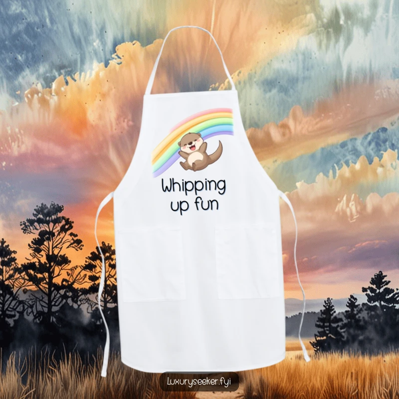 Funny Otter Apron with a joyful otter sliding down a shimmering silk ribbon rainbow, adding humor and fun to kitchen wear.