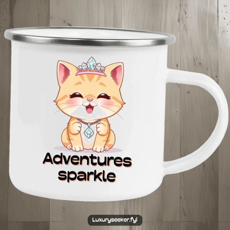 Funny Camping Mug: A delighted cat flaunts a tiny diamond tiara, admiring a sparkling necklace, perfect for enjoying drinks outdoors in style.