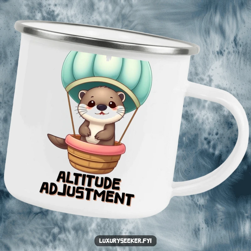 Funny Otter in Velvet Hot Air Balloon Camping Mug: Sturdy mug with an otter's cheerful velvet balloon journey, perfect for adventures.