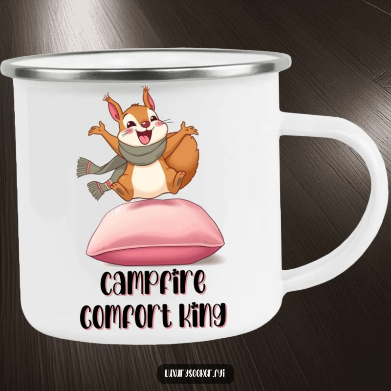 Funny camping mug: An excited squirrel wearing a scarf joyfully leaping onto a plush velvet cushion, perfect for outdoor humor.