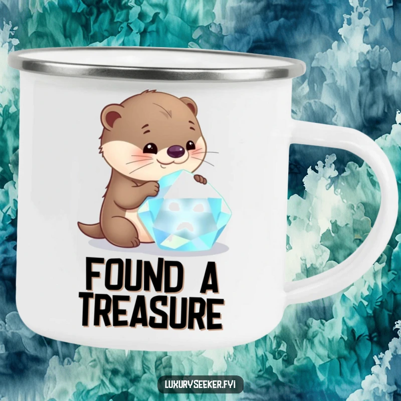 Funny otter camping mug showing a curious character gazing with glee at a huge, sparkling gemstone, perfect for outdoor enjoyment.