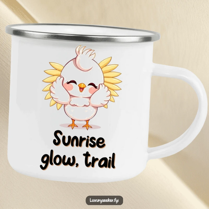 Funny Bird Camping Mug: A happy bird preens with golden feathers, perfect for humorous outdoor adventures and morning beverages.