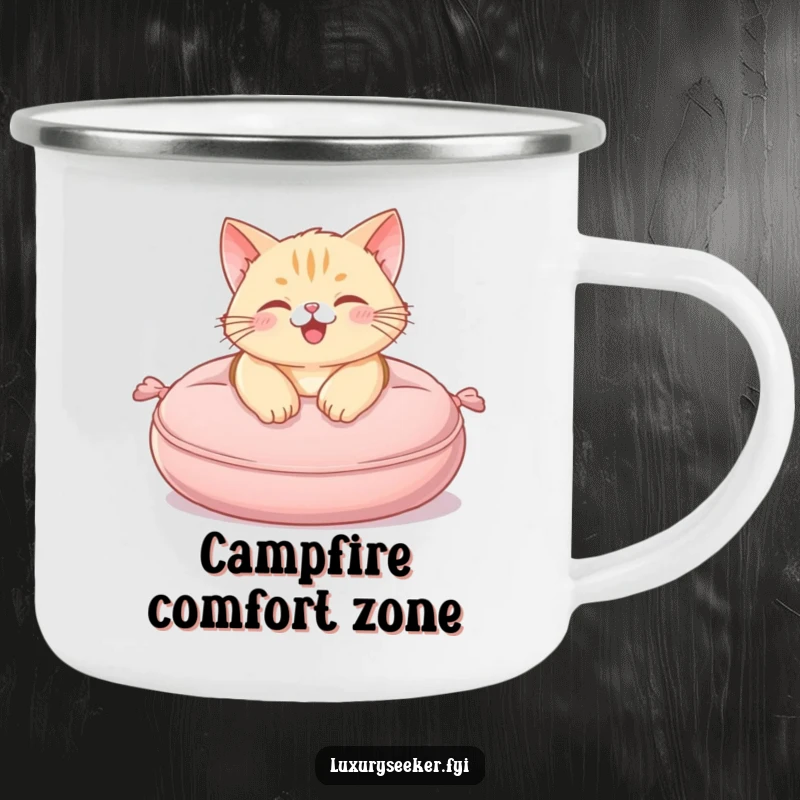 Funny Camping Mug featuring a happy cat lounging on a plush, miniature velvet cushion, for cozy adventures.