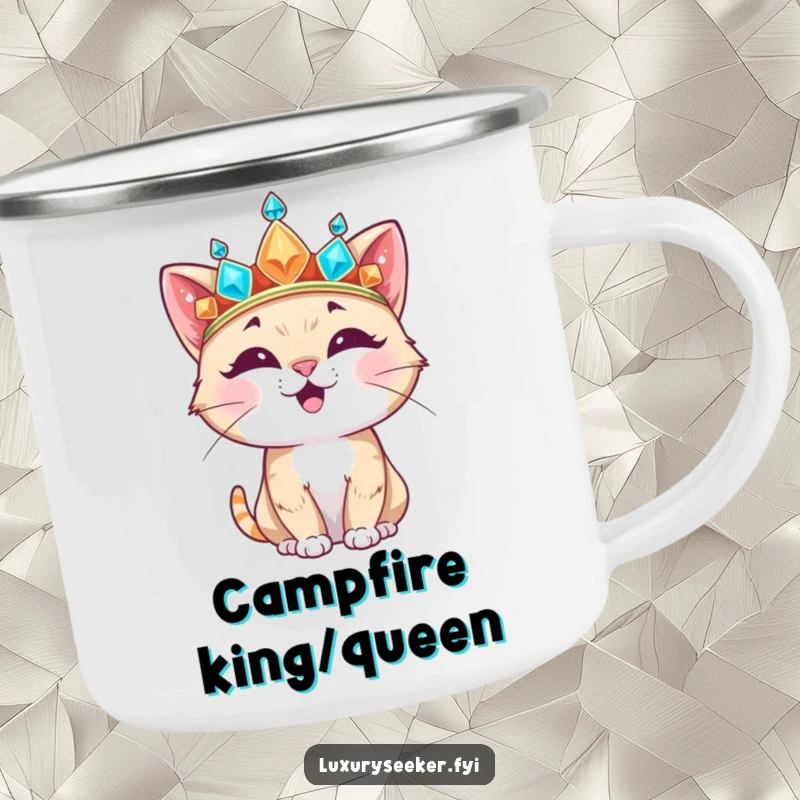 Funny Camping Mug featuring a happy cat character wearing a large, jeweled crown, bringing regal humor to outdoor experiences.