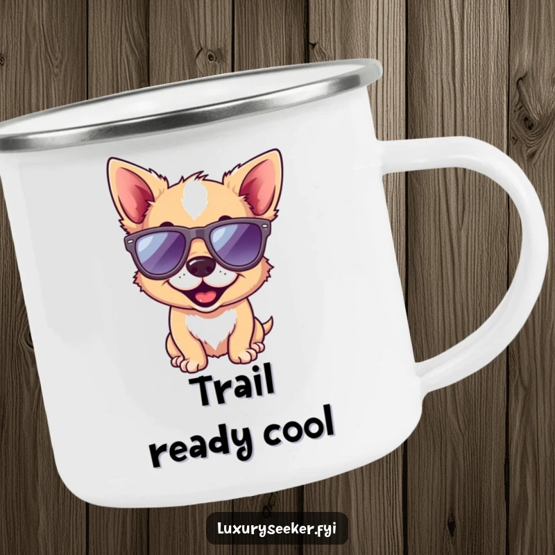 Funny dog camping mug featuring a happy dog wearing tiny designer sunglasses, perfect for outdoor drinks with a humorous and cool design.