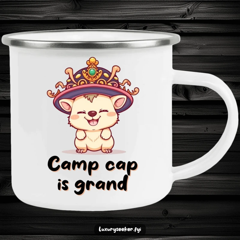 Funny camping mug featuring a playful creature with a mischievous grin wearing a ridiculously large, ornate hat, for outdoor use.