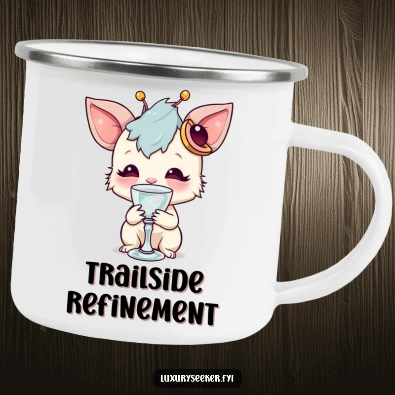 Funny camping mug of a whimsical creature with a unique accessory sipping from a tiny crystal goblet, for humorous outdoor enjoyment.