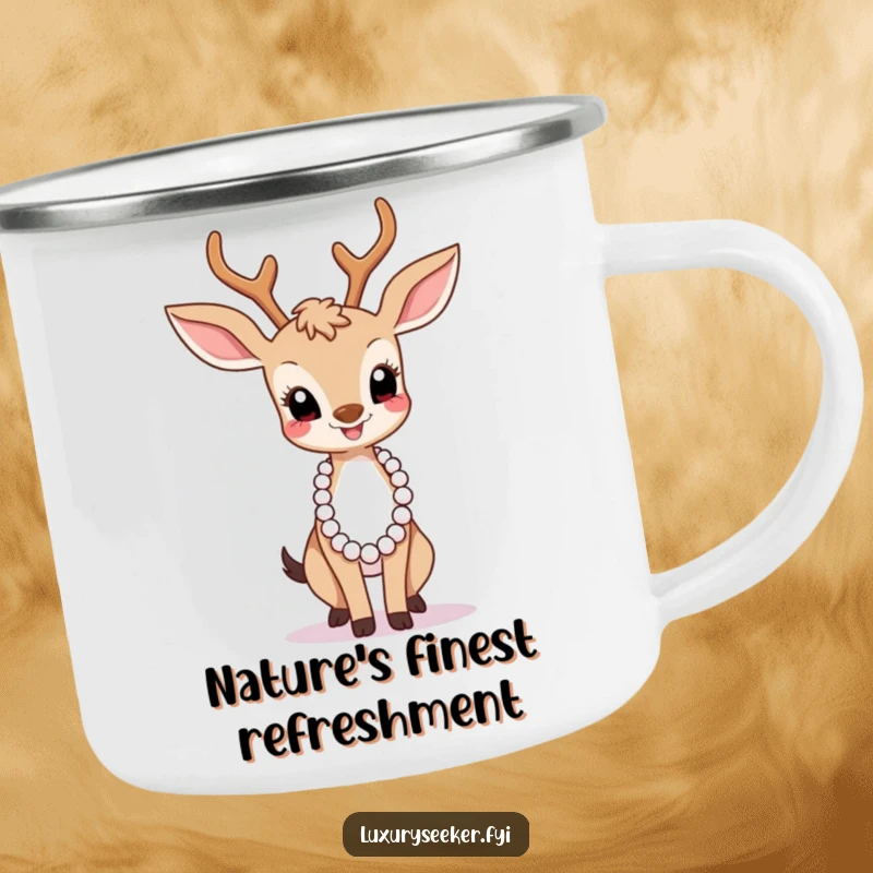 Funny Camping Mug: A graceful deer with a pearl necklace humorously enjoys the outdoors with chic flair.