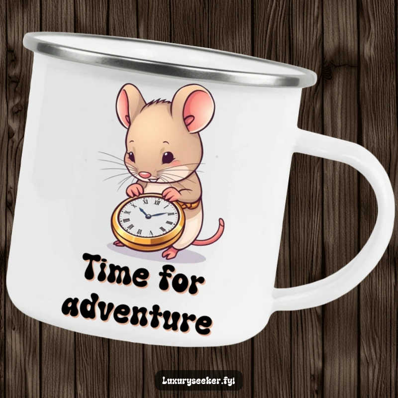 Funny Mouse Camping Mug showing a content mouse admiring a miniature, exquisitely crafted pocket watch, for humorous outdoor enjoyment.