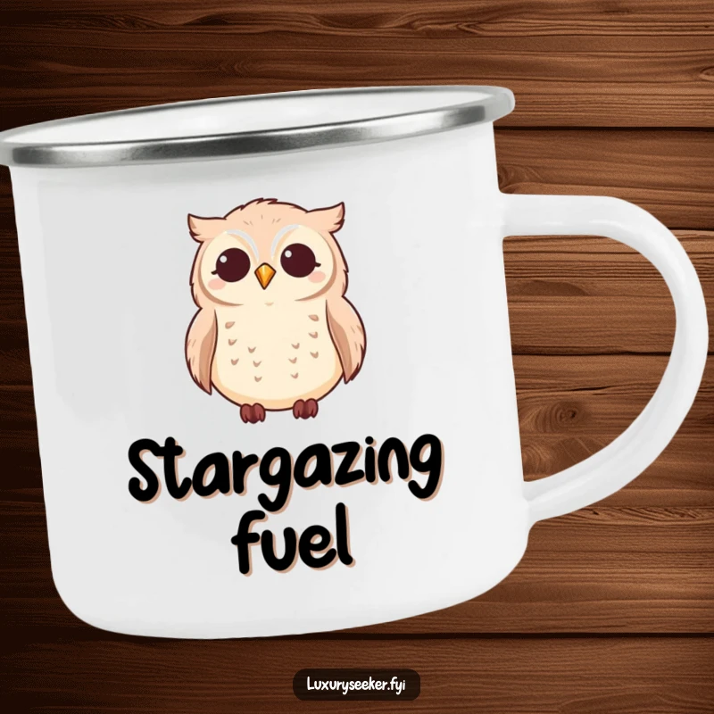 Funny owl stargazing on a rustic camping mug, perfect for enjoying nature, a funny gift.