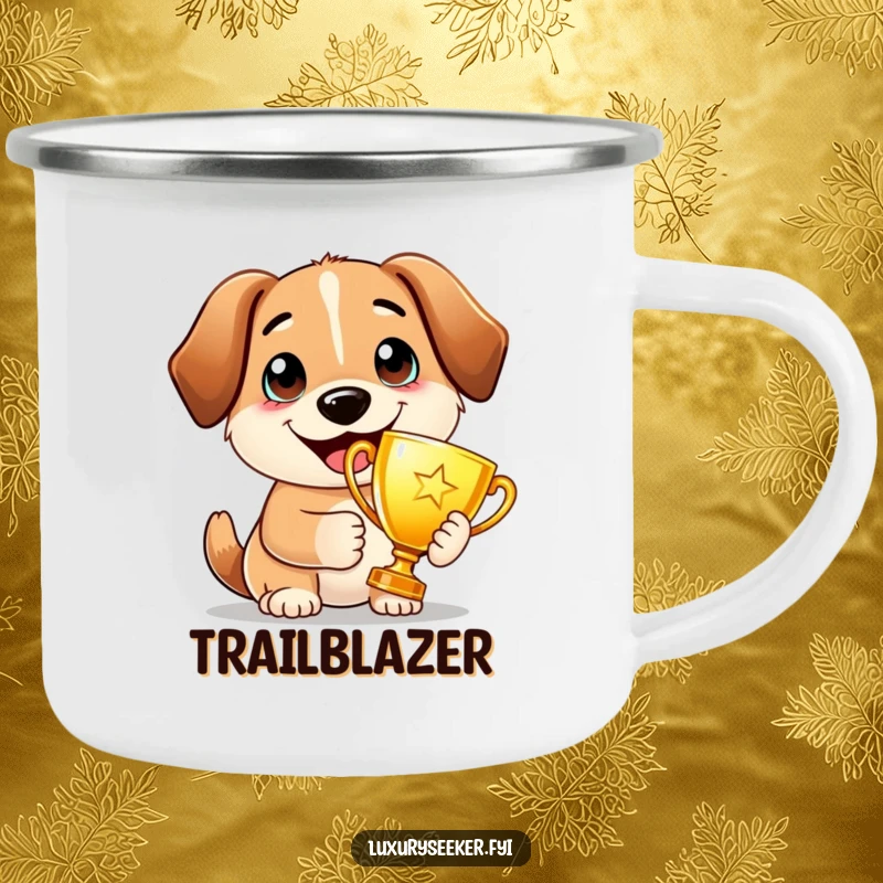 Funny Camping Mug: A proud dog holds a golden trophy with a wide smile, perfect for enjoying drinks outdoors with champion spirit.