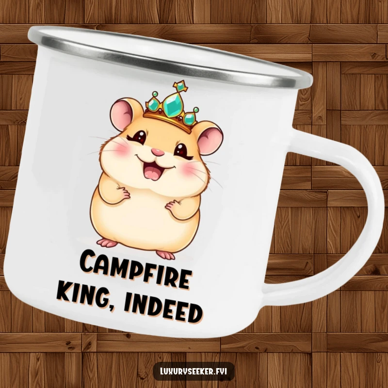 Funny camping mug: A giggling hamster in a jeweled crown strikes a regal pose, bringing royal charm outdoors.