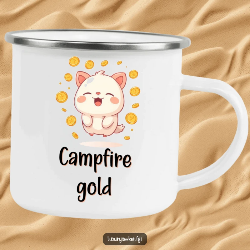 Funny camping mug of a happy creature sighing contentedly, surrounded by floating golden coins, for humorous outdoor enjoyment of wealth.