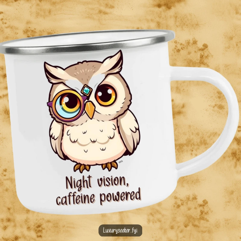 Funny Camping Mug: A sophisticated owl with a jeweled monocle humorously enjoys the outdoors.