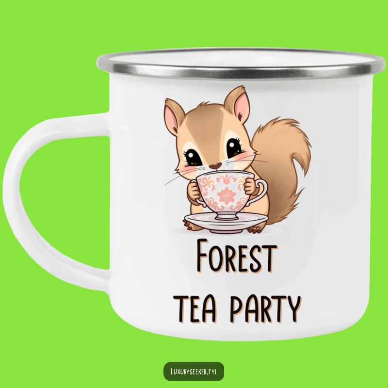 Funny Squirrel Camping Mug: Curious Critter with Tiny Teacup, Whimsical Outdoor Companion Gift