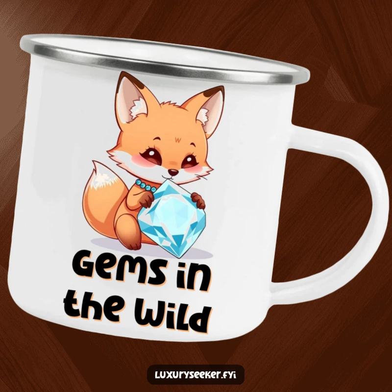 Funny camping mug with a curious fox character admiring a large, sparkling diamond necklace, perfect for outdoor adventures and humorous stories.